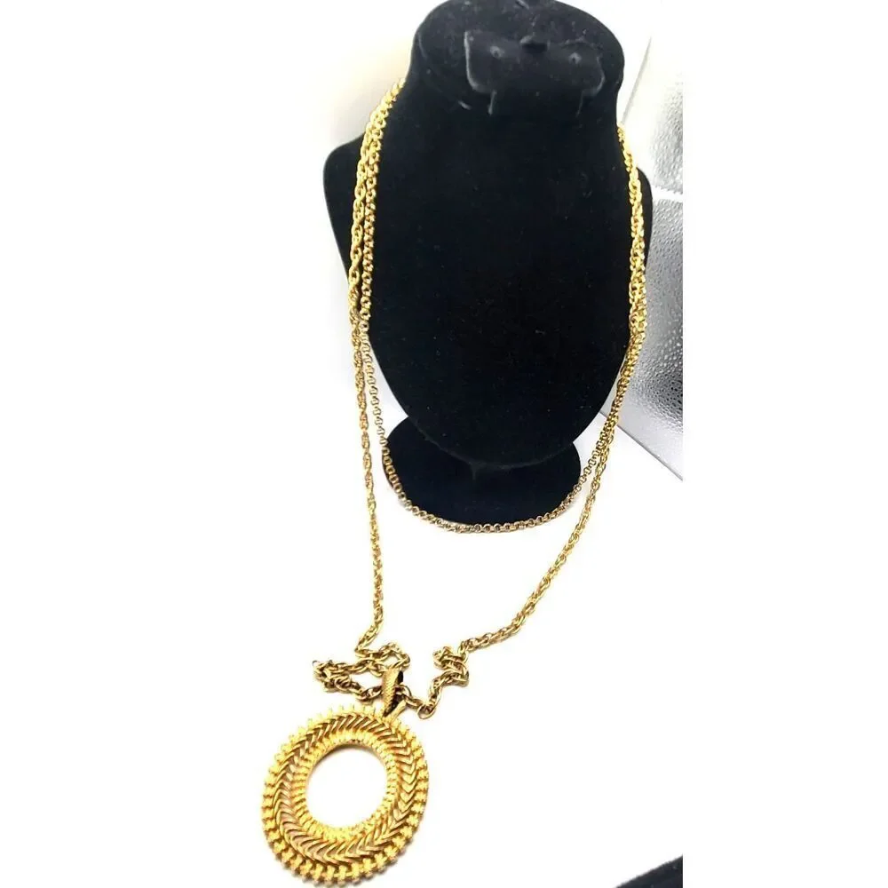 Vintage Gold Plated Vintage Statement Pendant Necklace Double Strand 2in pendant